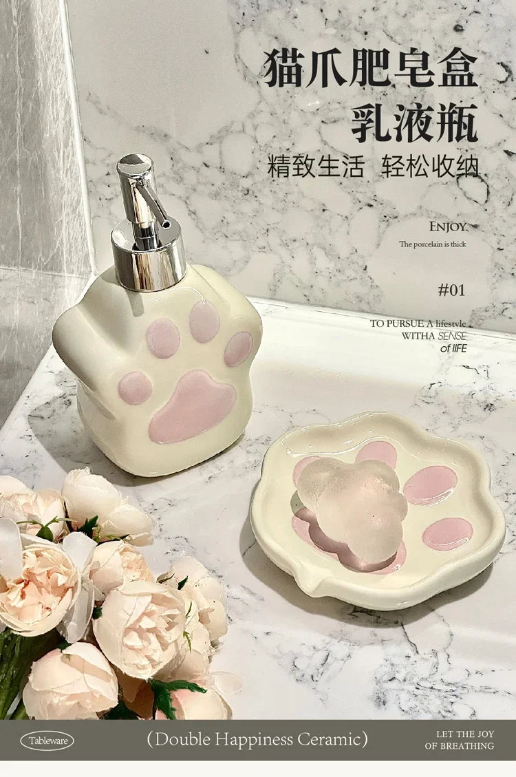 Keramikseifenspender mit Katzenpfoten Motiv für Dusche und Bad