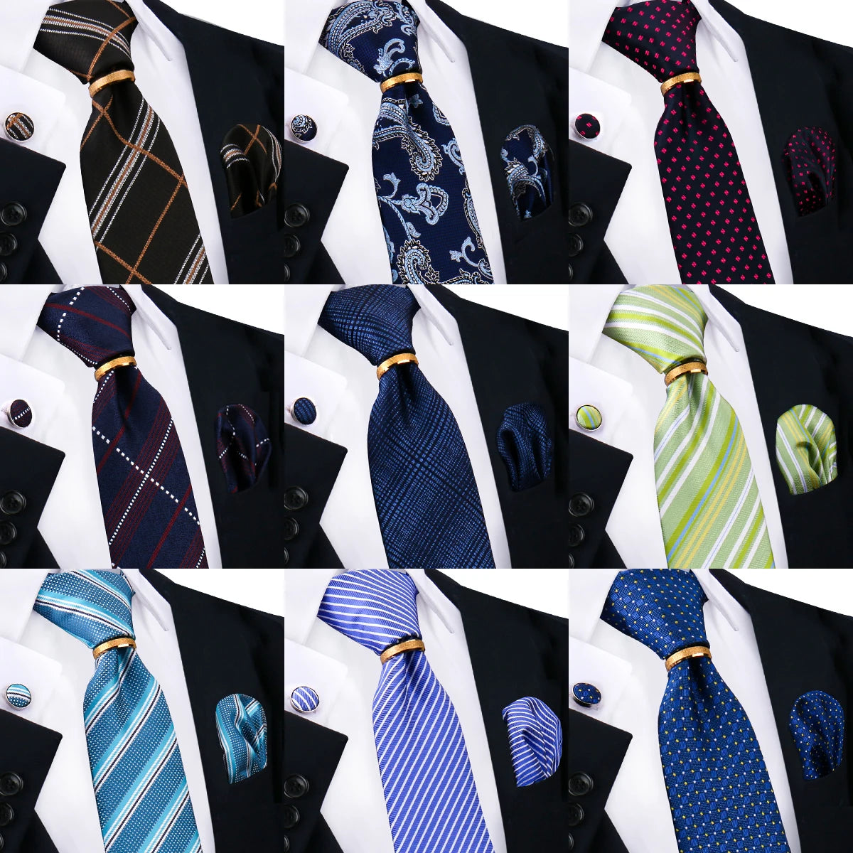 Herren Krawattenset Gold Ring, Manschettenknöpfe, Einstecktuch Festlich