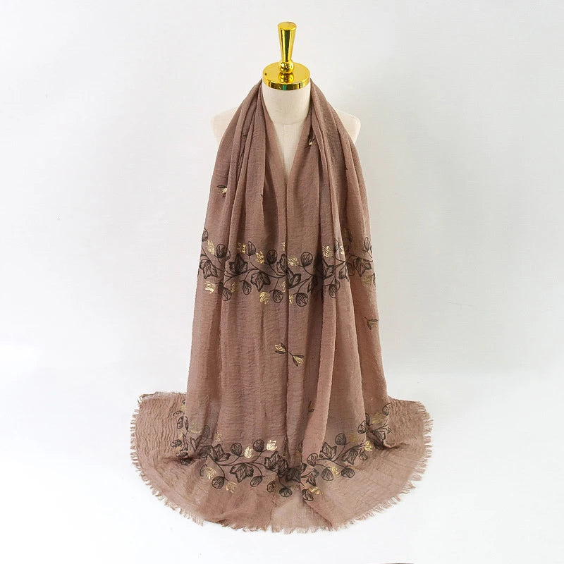 Damen Baumwoll-Leinen Schal Gold Bedruckt Quadratisch Kleine Blumenmuster