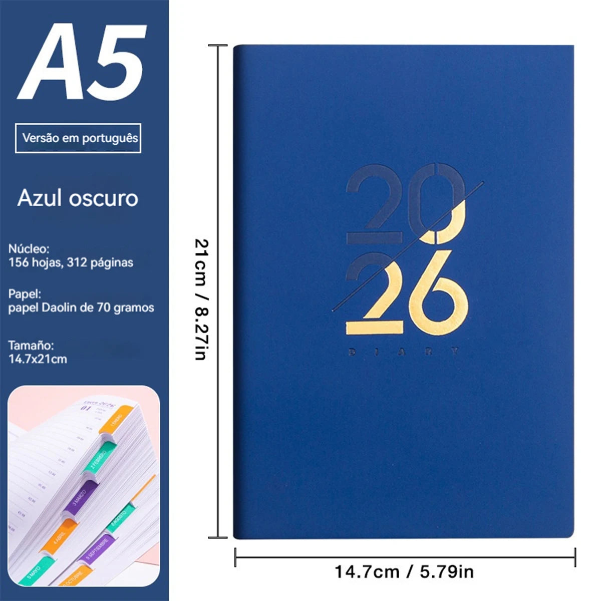 2026 Planer A5 PU-Ledereinband Spanisch Englisch wöchentlicher Monatsplaner