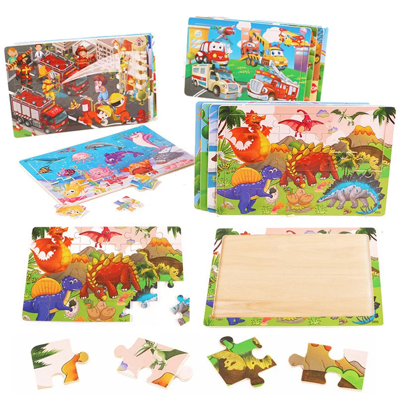 30-teiliges Holzpuzzle Cartoon Tiere & Verkehr für Kinder