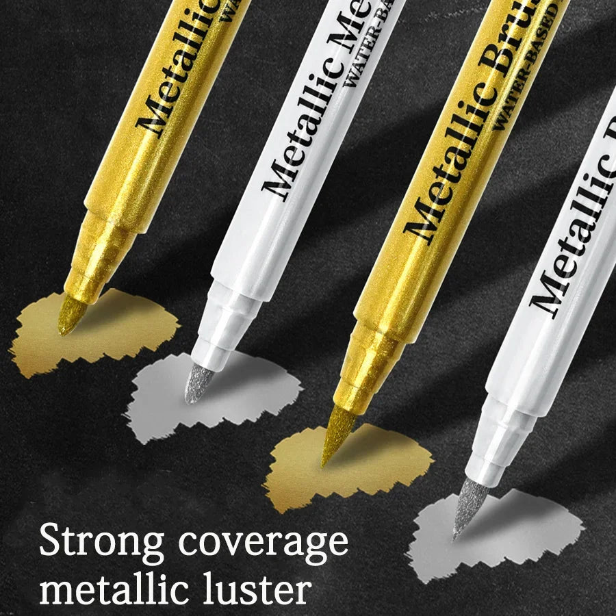 2er-Set Metall-Marker in Gold - Silber mit Spitze und Bürste, schnell trocknend