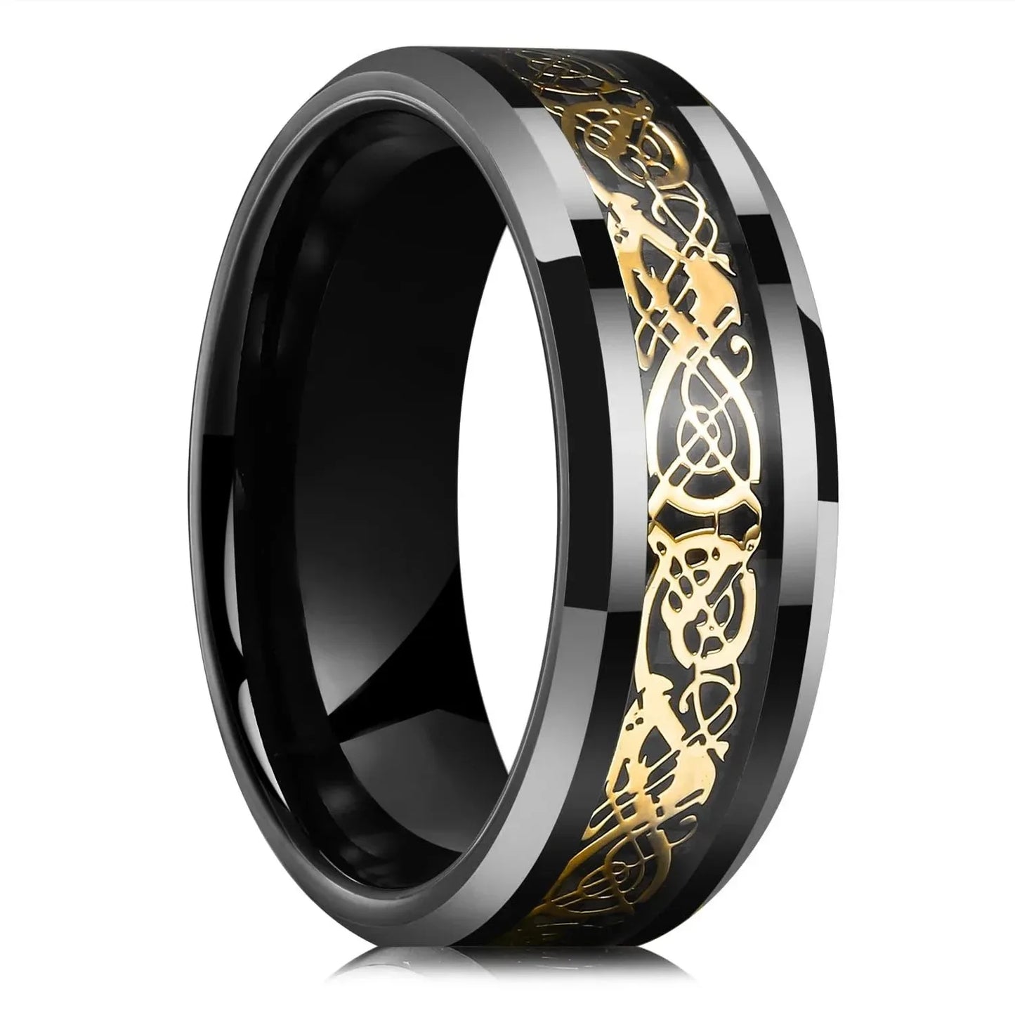 Eleganter Edelstahlring mit keltischem Drachen und Carbon Inlay