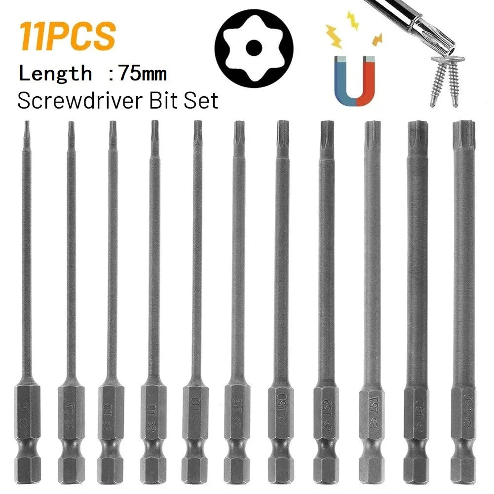 11-teiliges Torx Bit Set 75mm Sicherheit 1/4 Zoll Sechskant Bits Schrauber