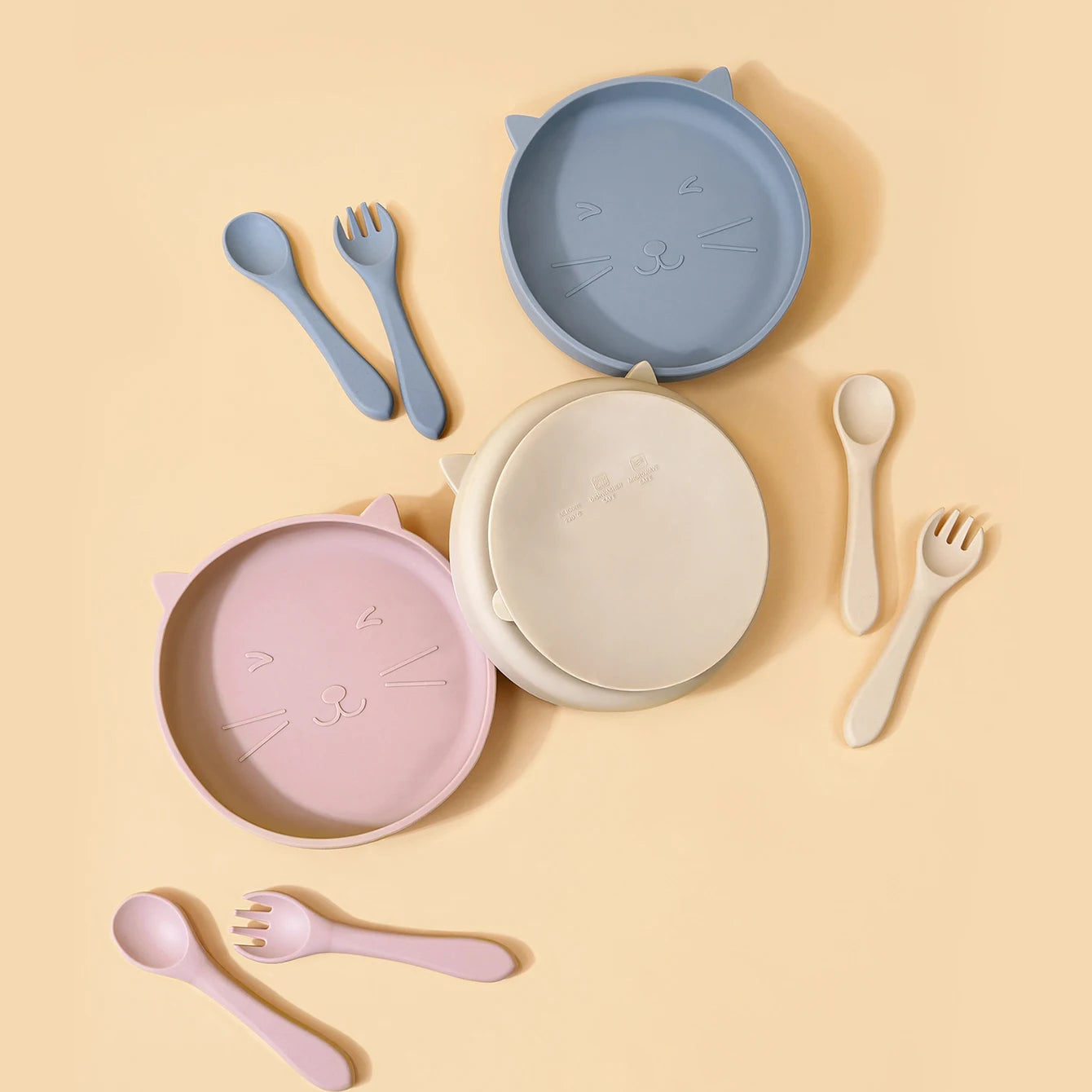Silikon Babyteller Set Katzenmotiv mit Löffel Gabel mikrowellenfest