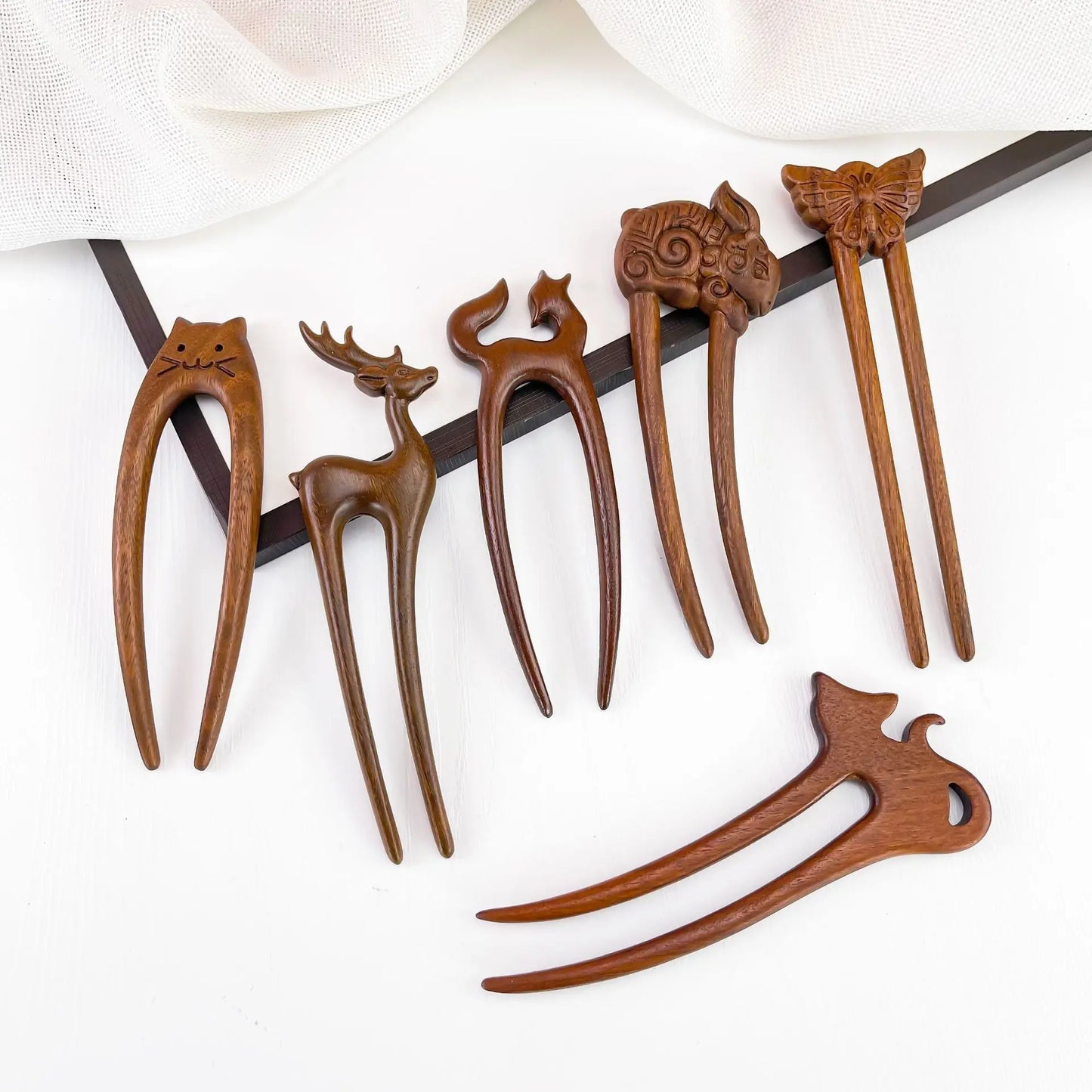 Sandelholz U-Haarnadel Antik Stil mit Katze für Haar Styling Bad Accessoire