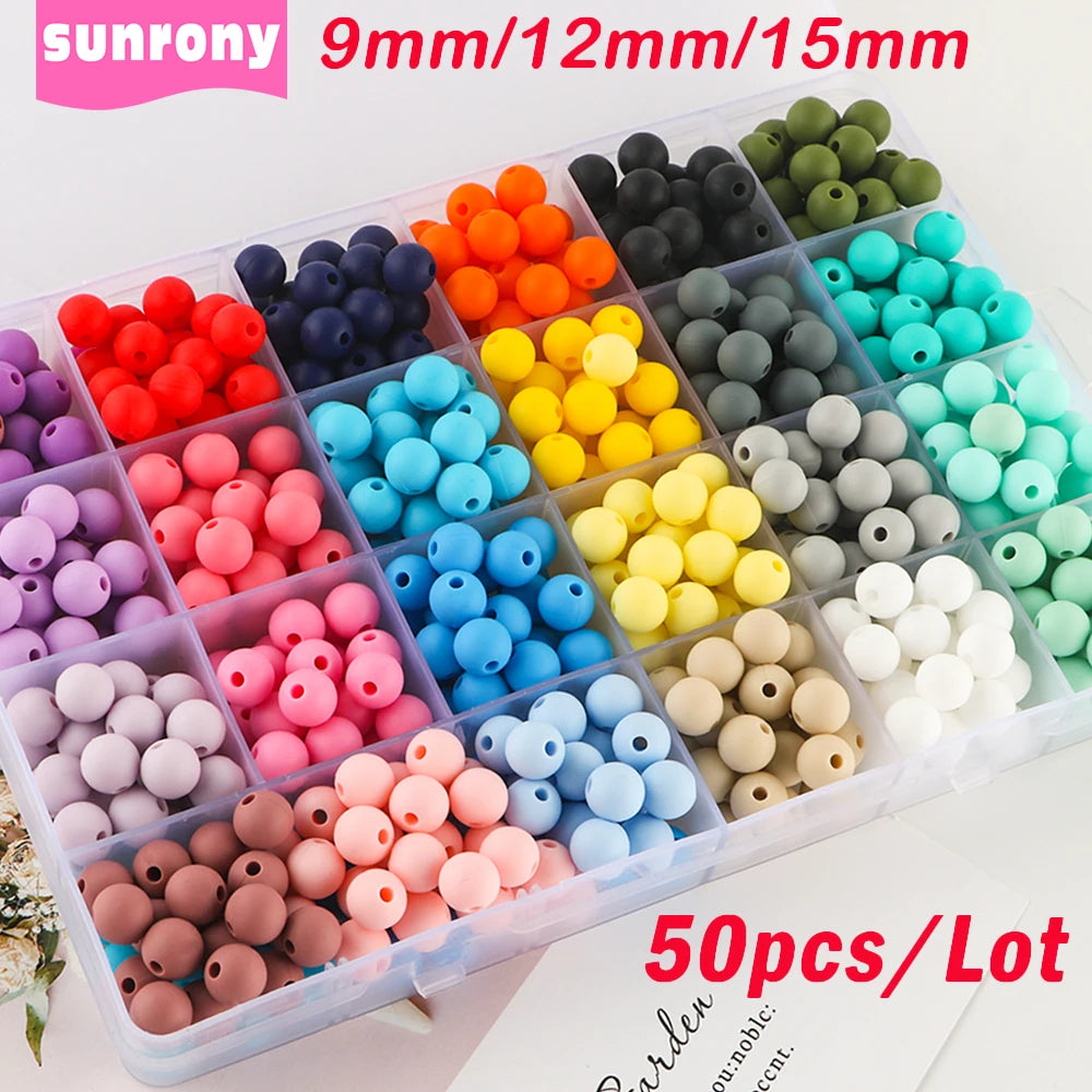 50x Runde Silikonperlen 9 12 15mm für DIY Schmuck & Babyartikel