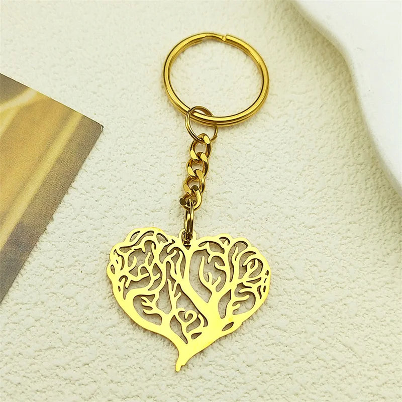 Herzförmiger Edelstahl Schlüsselanhänger Baum des Lebens Gold Silber