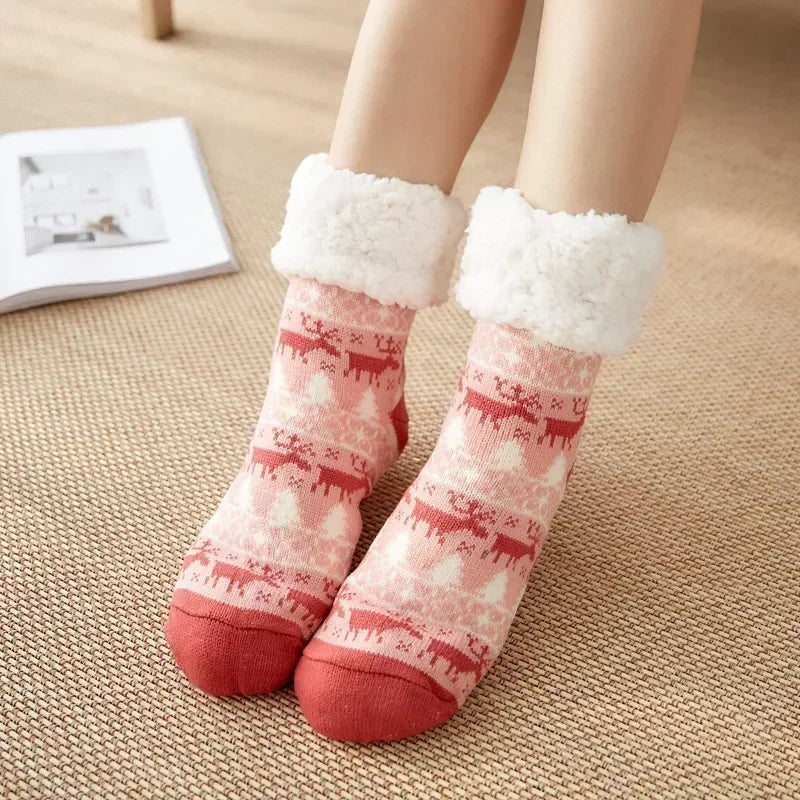 2er Set flauschige Damen Thermo-Socken rutschfest warm Plüsch Weihnachten