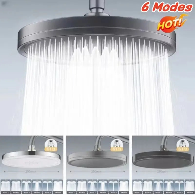 230mm Großer 6 Modi Duschkopf Hochdruck Regen Wasserfall Bad Zubehör