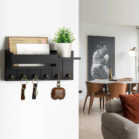 Schlüsselorganizer Holz Wandmontage mit 6 Haken und Regal Eingangsbereich