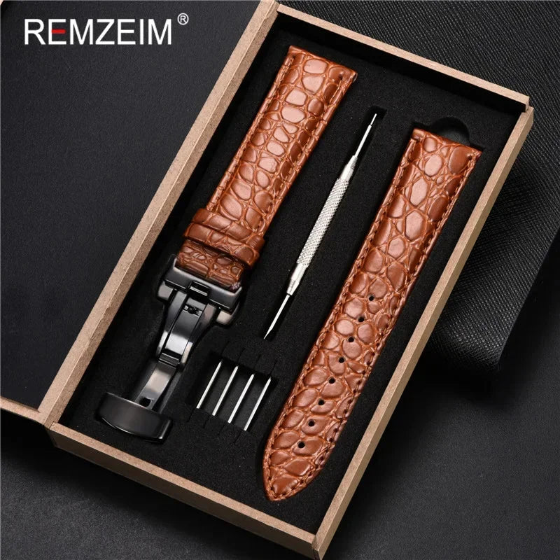 Geprägtes Leder Uhrenarmband 18-24mm mit Schmetterlingsverschluss