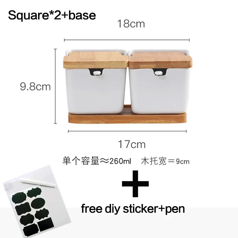 Keramik Gewürzregal mit Bambus Tablett und Holzdeckel Vorratsbehälter Set