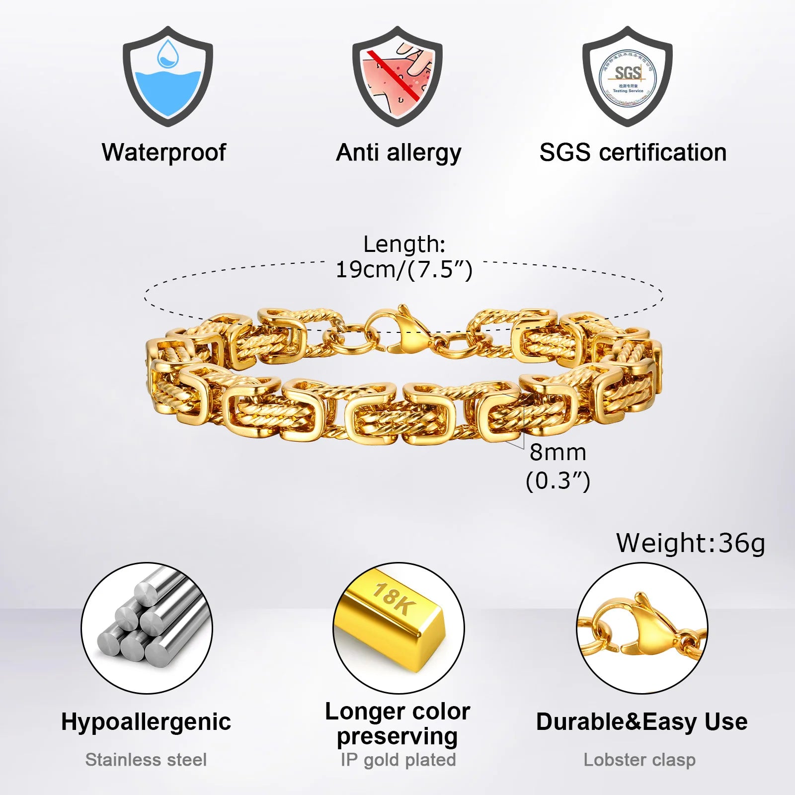 Byzantinisches Herren Armband aus Edelstahl 8mm Retro Grau