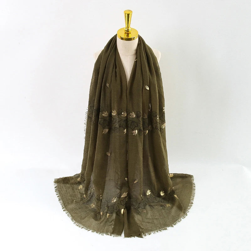 Damen Baumwoll-Leinen Schal Gold Bedruckt Quadratisch Kleine Blumenmuster