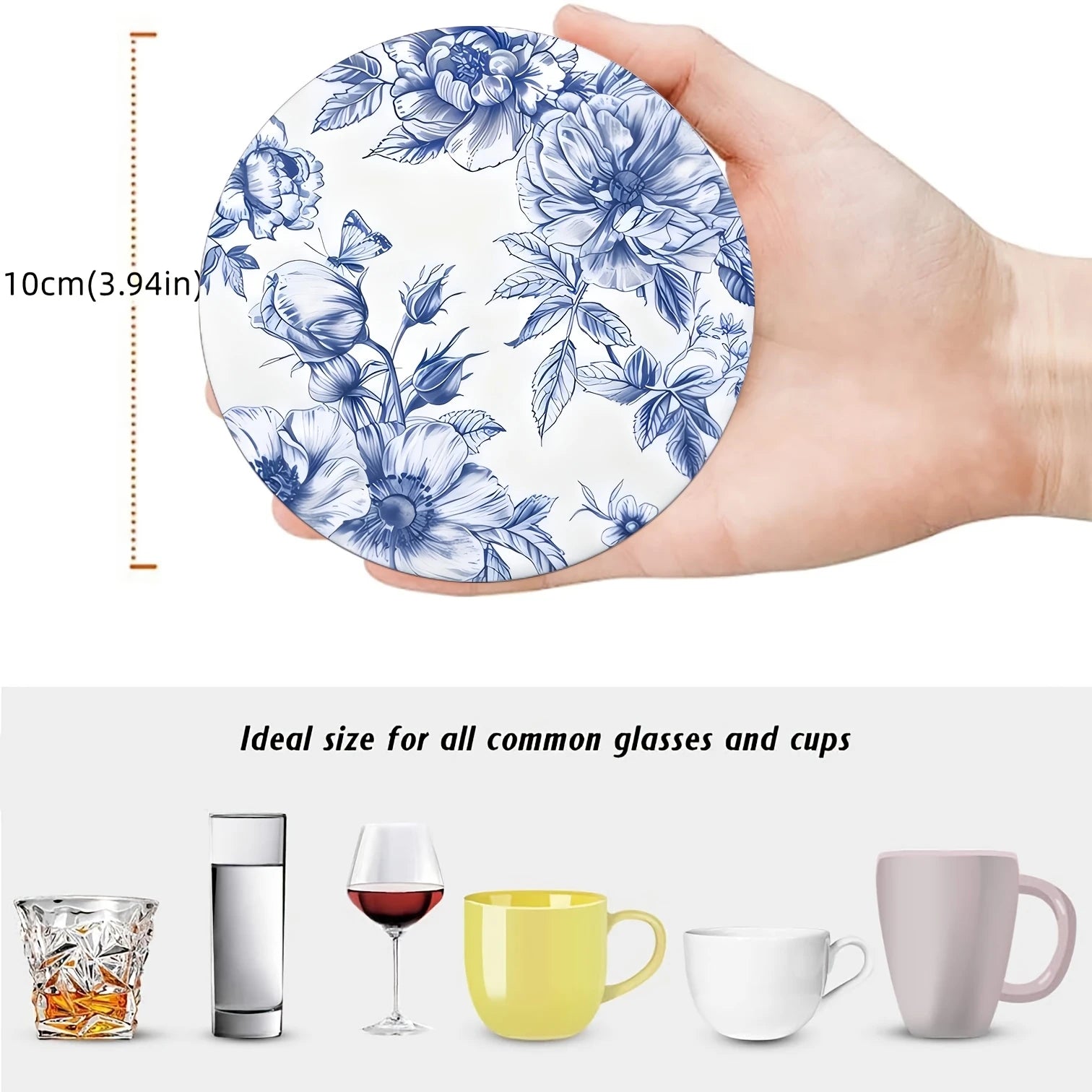 Runder Holzuntersetzer mit blau weißem Muster für stilvolle Tischdekoration