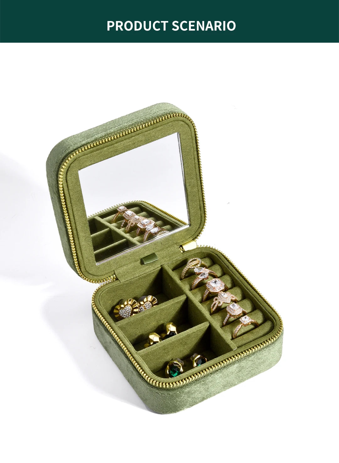 TAIMY Vintage Samt Reise-Schmuckbox Grün mit Spiegel Organizer