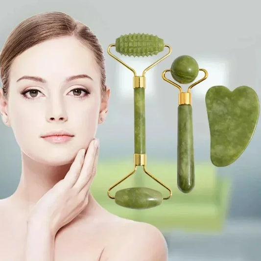 Natürlicher Jade Roller und Gua Sha Massagegerät für Gesicht und Körper