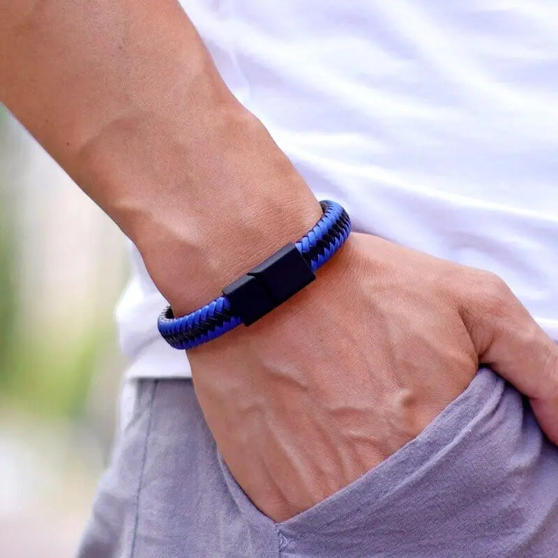 Männer Leder Armband Schwarz Geflochten Punk Steckverschluss 20,5cm