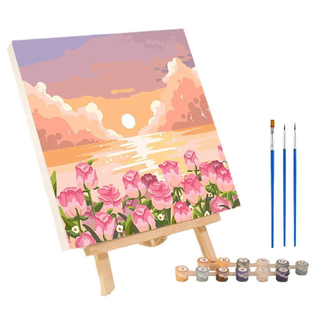 Malen nach Zahlen Kit Landschaft Abstrakter Sonnenuntergang mit Acrylfarbe