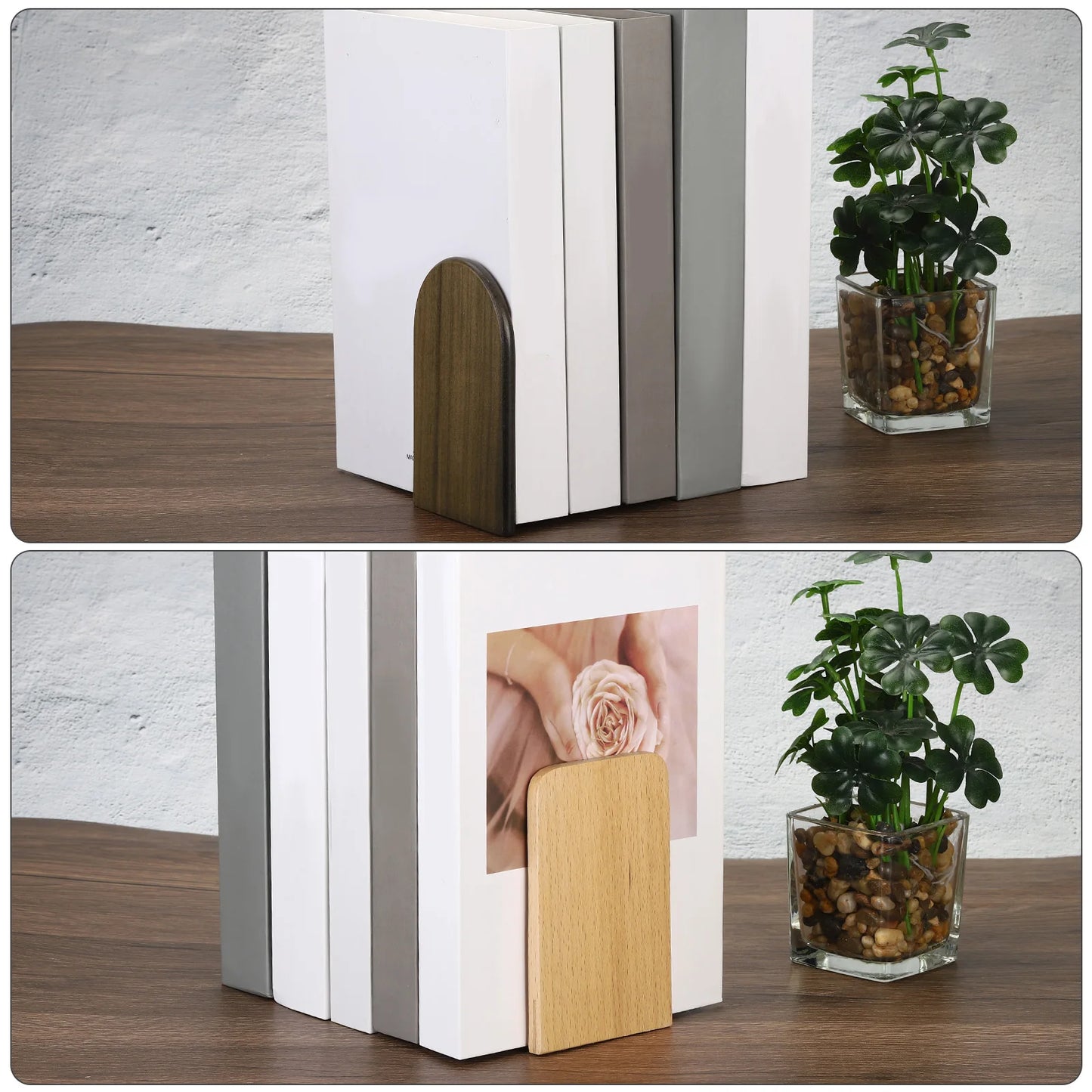 2 Stück Holz Buchstützen mit Metallbasis Organizer Büro Regal Halter