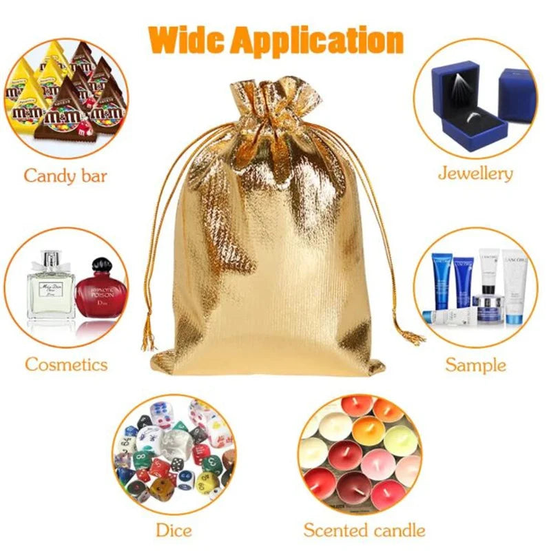 50x Gold Kordelzug Beutel Stoff Geschenkverpackung Schmuck Candy Bar Party