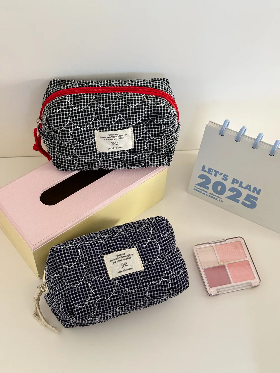 Gesteppte herzförmige karierte Damen Kosmetiktasche große Kapazität