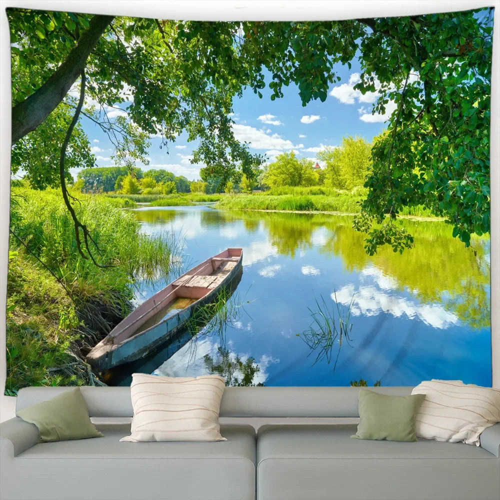 Ländliche Landschafts Tapisserie mit Wald und Wasserfall Motiv