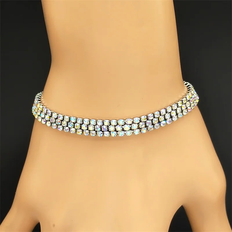 Drei Bunte Strass Armbänder Edelstahl Silber Farbe Verstellbar Damen