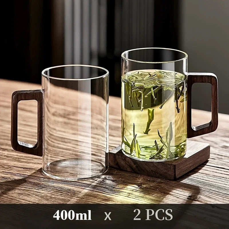 Hitzebeständige Glas Tasse mit Walnuss Griff 400 ml-Yabubestshop