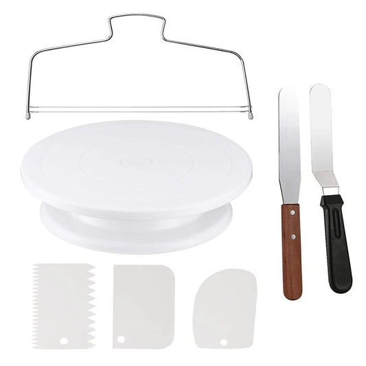 7-teiliges Kuchen-Deko-Set mit drehbarem Plattenspieler, Glätter, Nivellierer