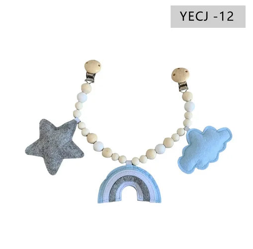 Holz-Kinderwagenclip mit Beißring und Rassel für Babys