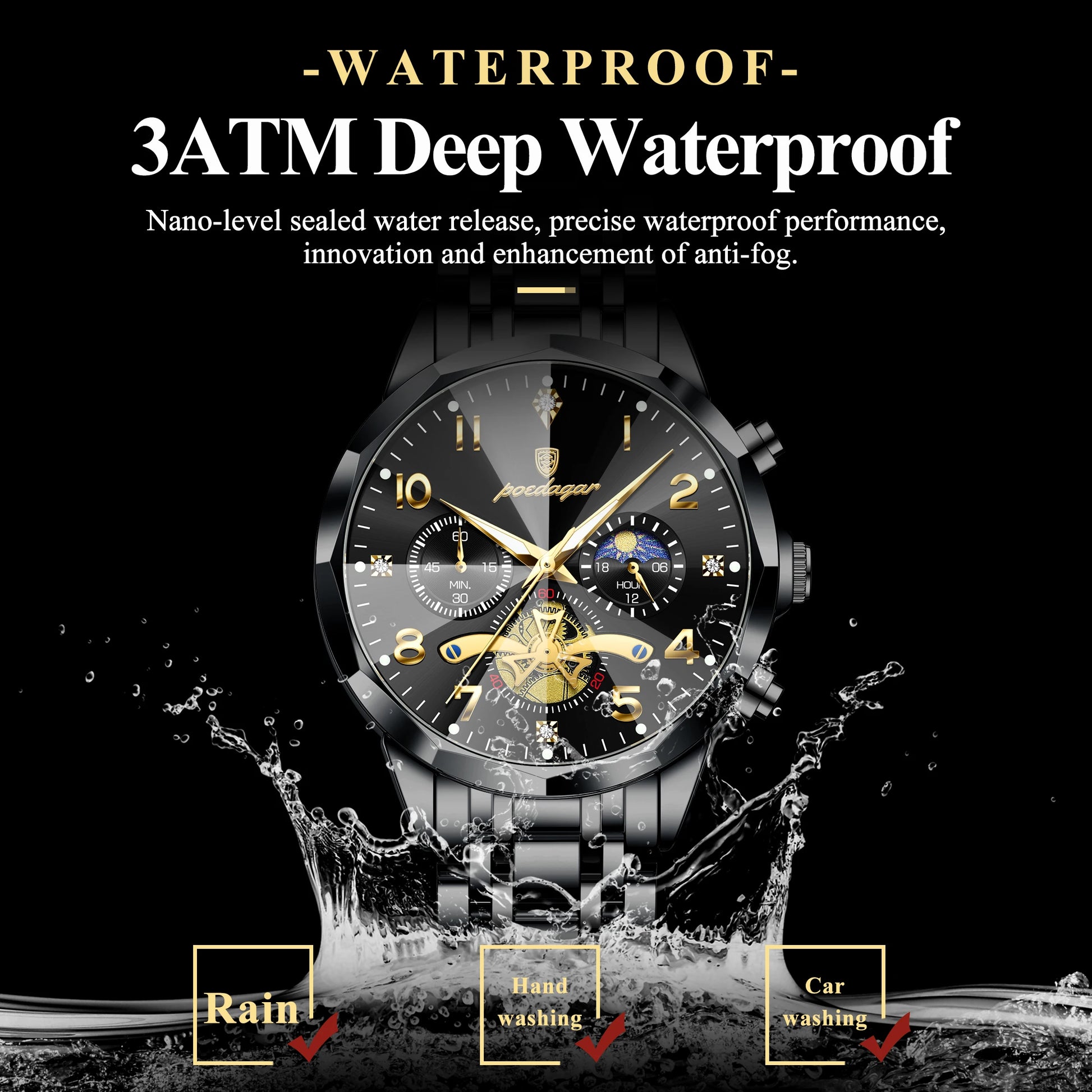 Wasserdichte Edelstahl Herrenuhr mit Chronograph und Leuchtfunktion-Yabubestshop