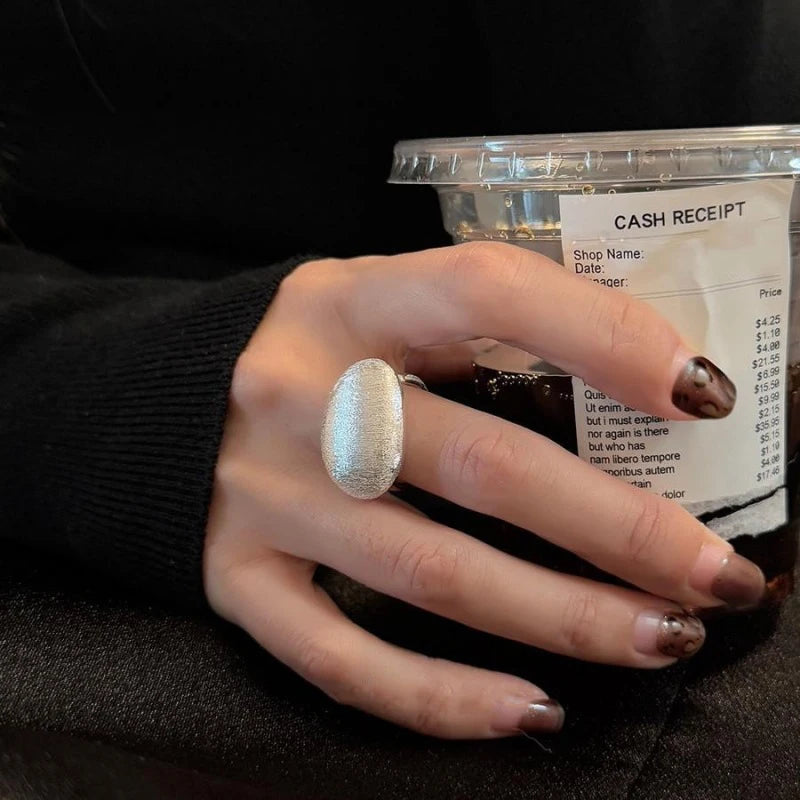 Offener 925 Silber Fingerring asymmetrisch oval matt verstellbar Damen