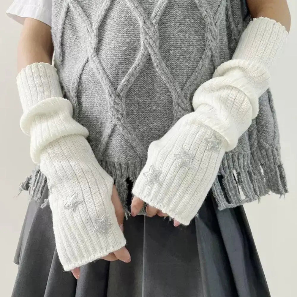 Lange Fingerlose Strickhandschuhe mit Stern Damen 30cm Armstulpen Freizeit