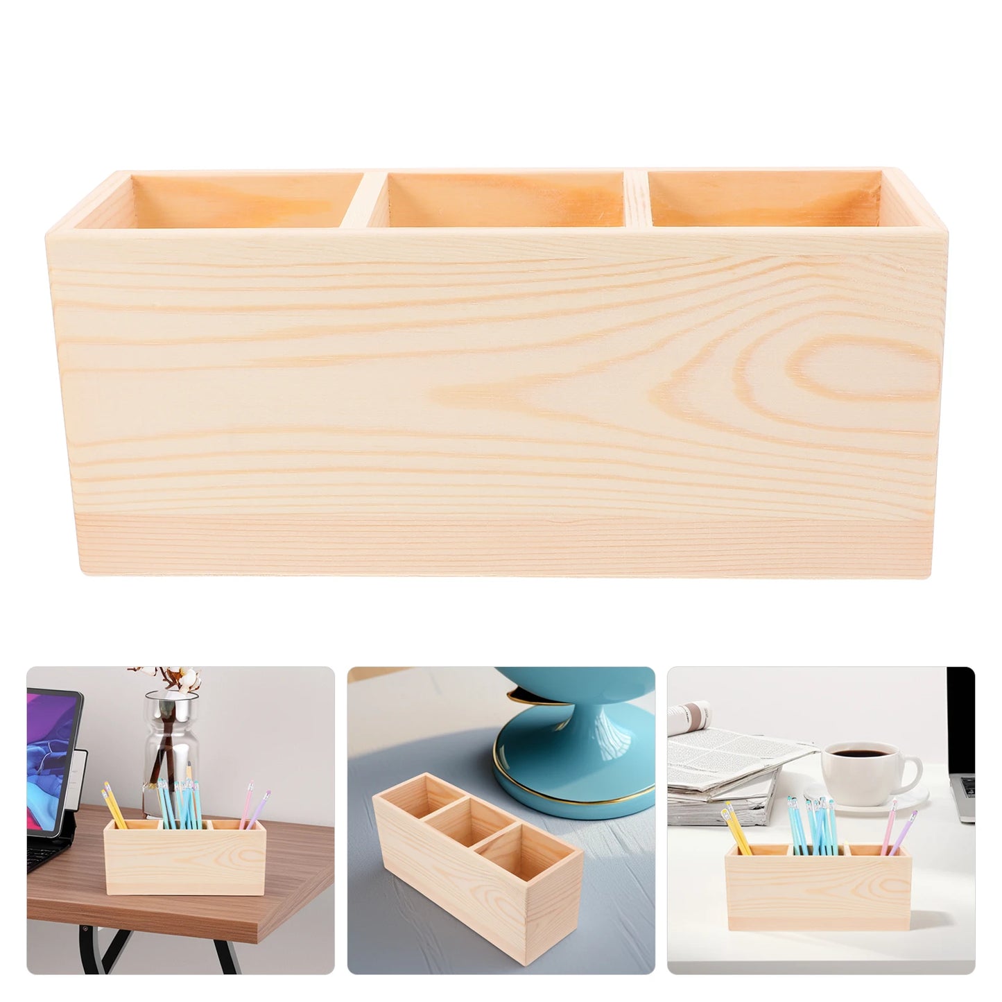 Praktischer 3 Gitter Bleistifthalter aus Holz für Schreibtisch