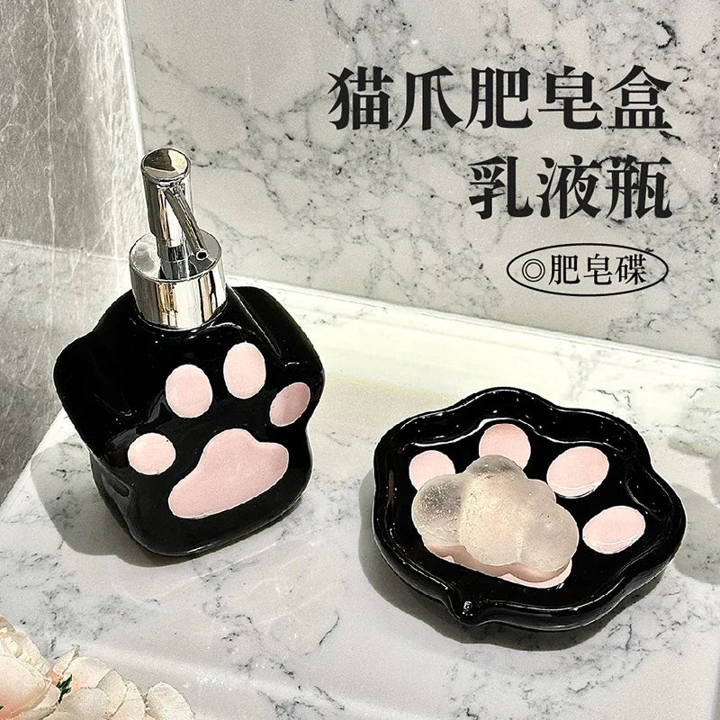 Keramikseifenspender mit Katzenpfoten Motiv für Dusche und Bad