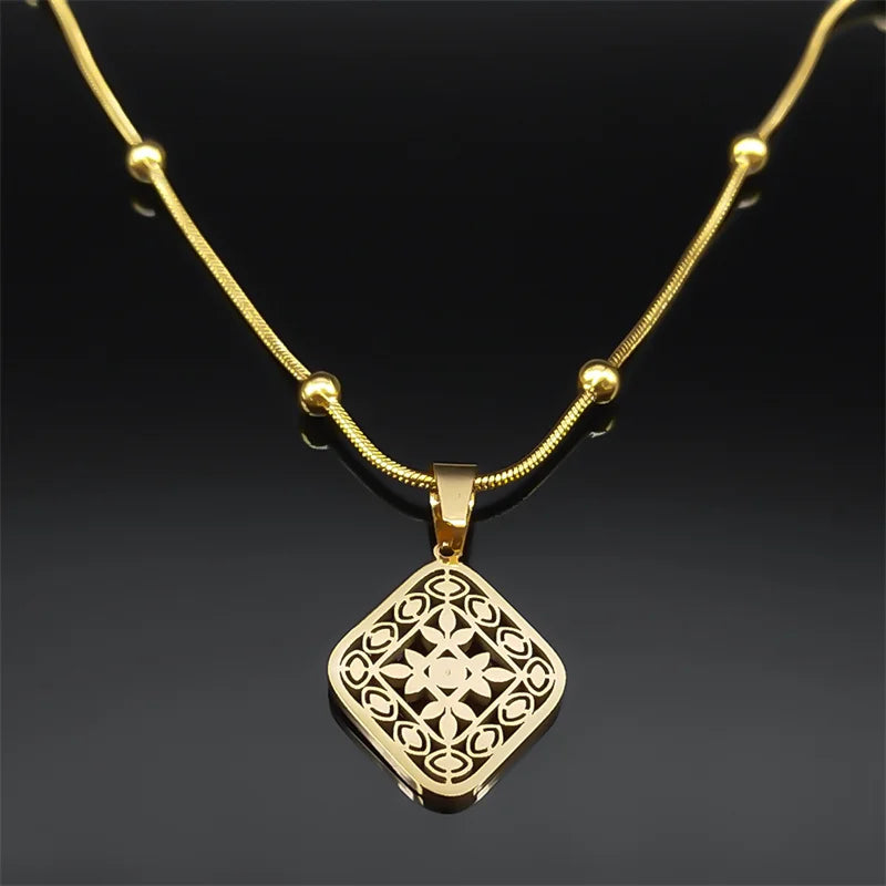 Ethnische Raute Anhänger Halskette Edelstahl Gold Farbe Geometrisch