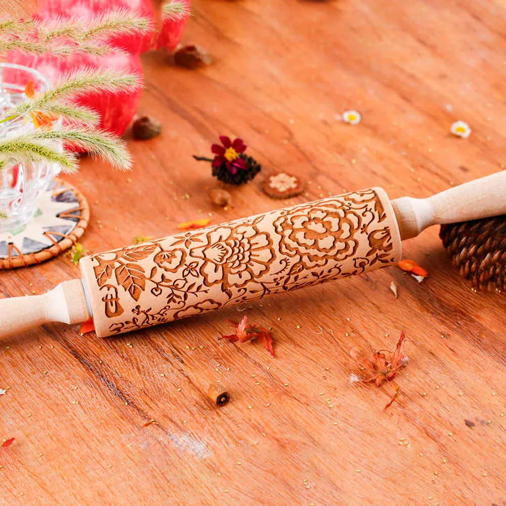 Holz-Nudelholz mit Sonnenblumenprägung für Gebäck & Kekse-Yabubest - Home & More