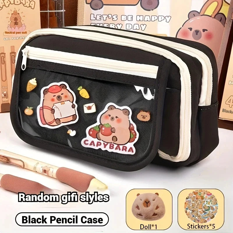 7-teiliges mehrlagiges Federmäppchen-Set mit süßem Capybara-Motiv für Schule