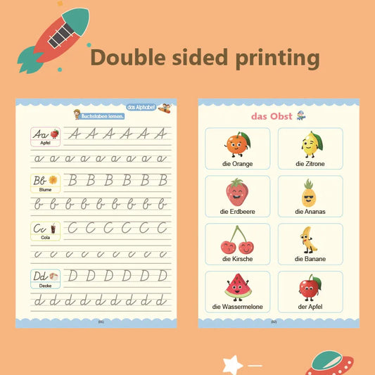 Wiederverwendbares Lernheft für Kinder zum Üben des deutschen Alphabets