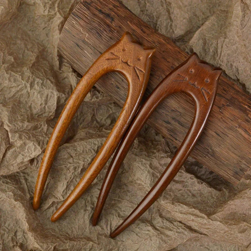Sandelholz U-Haarnadel Antik Stil mit Katze für Haar Styling Bad Accessoire