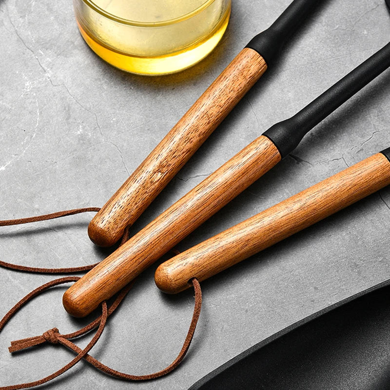 7 teiliges Silikon Kochwerkzeugset mit Holzgriff Schwarz für die Küche-Yabubest - Home & More