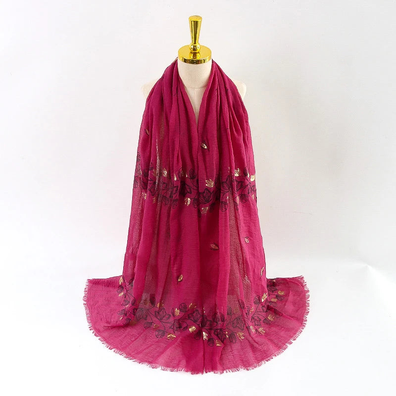 Damen Baumwoll-Leinen Schal Gold Bedruckt Quadratisch Kleine Blumenmuster