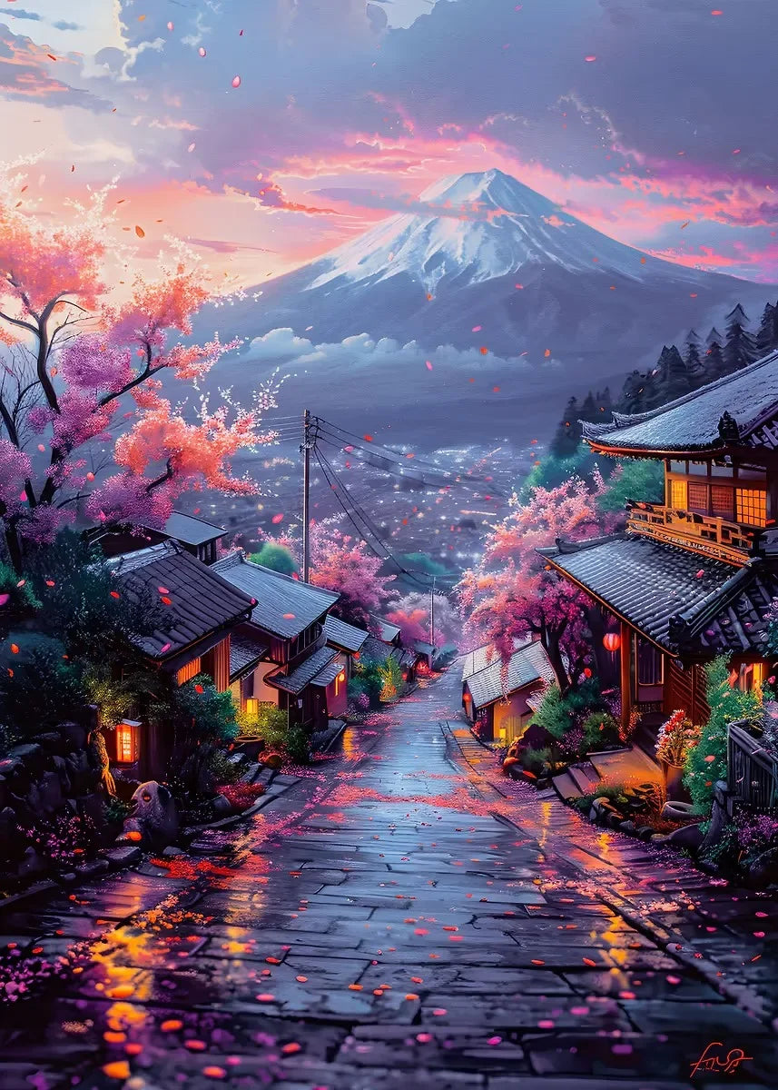 Japanisches Kirschblüten-Dorf Leinwanddruck mit Mount Fuji Wandkunst-Yabubest - Home & More