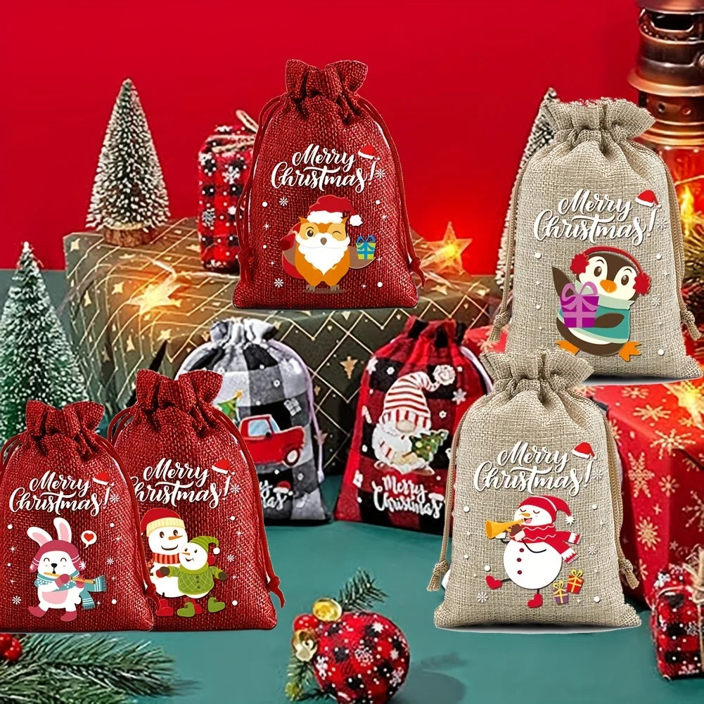 12 Weihnachtsgeschenktüten Stoffbeutel mit Kordelzug für Adventskalender