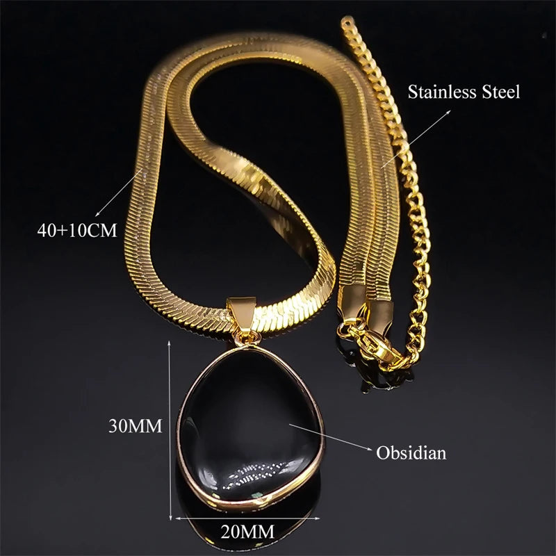 Unregelmäßiger Schwarzer Obsidian Anhänger mit Edelstahl Schlangenkette