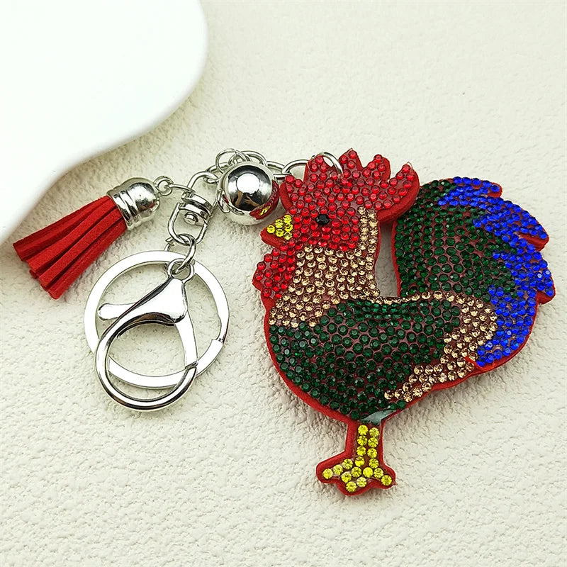 Bunter großer Hahn Schlüsselanhänger mit Kristallen Leder Metall Silbern