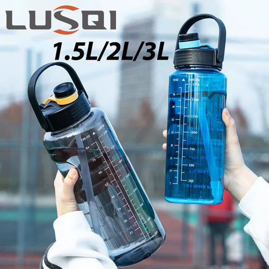 Große Sportwasserflasche 1,5-3 l, BPA-frei, auslaufsicher mit Strohhalm - Zeitmarkierung