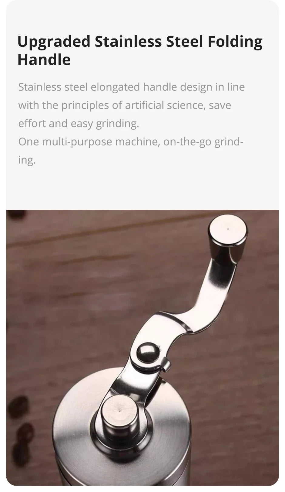 Tragbare Handkaffeemühle aus Edelstahl mit Holzmaserung